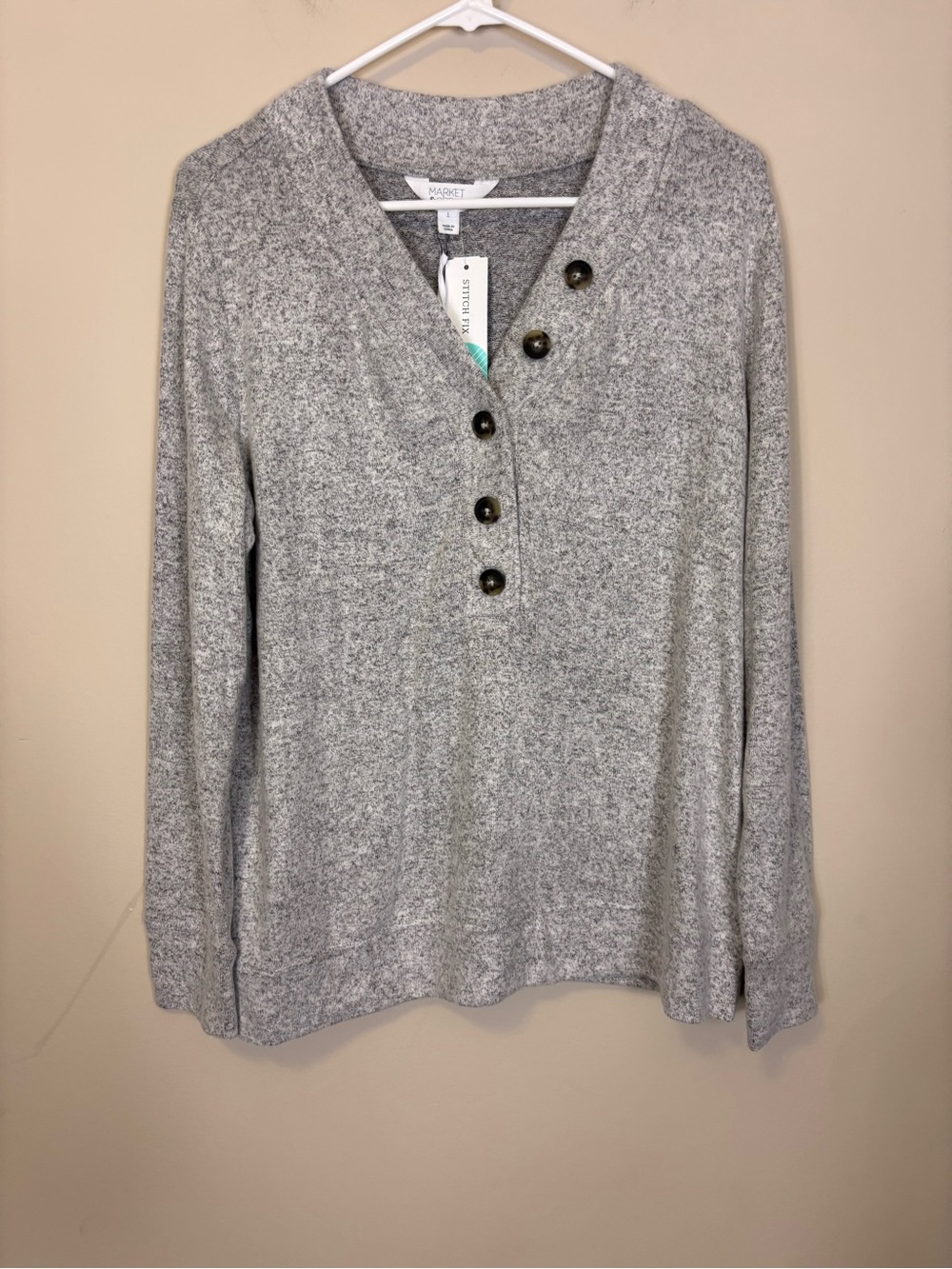 New Market & Spruce Light Gray Henley Button Pullover Long Sleeve Top size L
